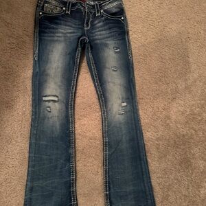 Rock Revival Blue Boot Cut Jeans with Distressed Details